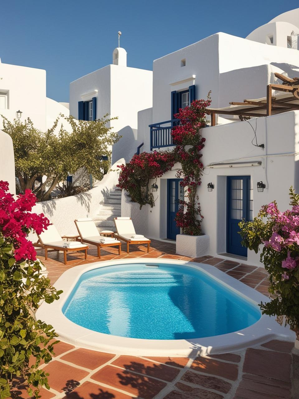 image showing a small greek hotel with pool